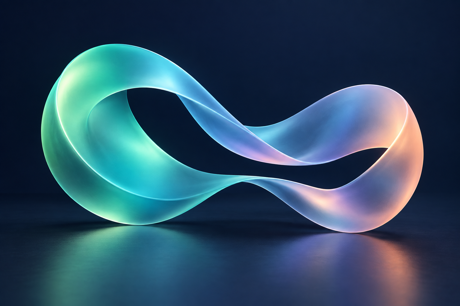 A flowing mint, turquoise and lavender ribbon sculpture on a dark navy background
